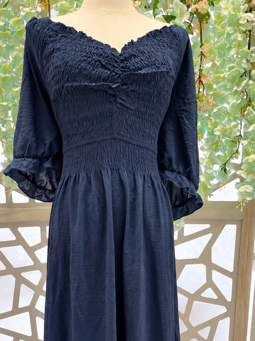 Women's Navy Smocked Midi Dress
